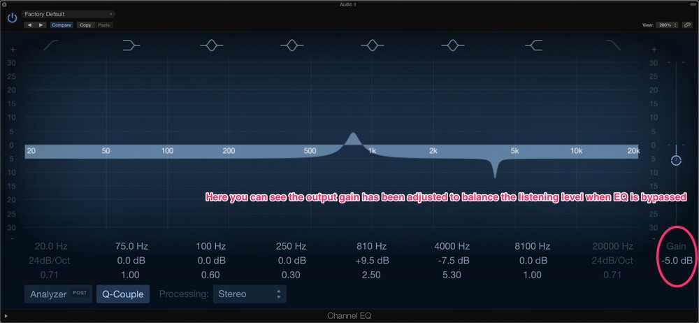 Adjusting the EQ output gain in Logic X (click to enlarge)